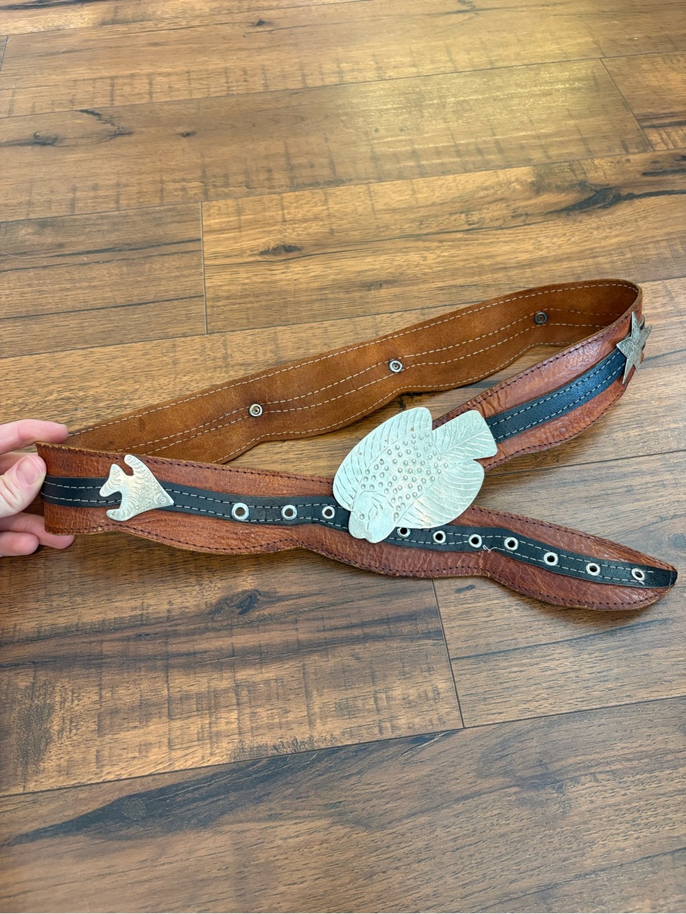 Handmade Leather Belt Fish Buckle Wide Brown Western Boho Rustic Vintage